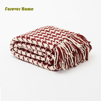 
                                        FOREVER HOME秋冬空调毯腈纶涤办公室沙发午睡休闲毯毛巾被 线毯流苏毯薄千鸟格毯子 130*170cm                