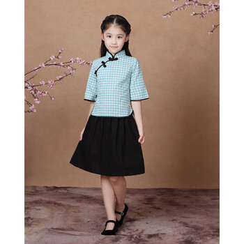 儿童民国学生装女童棉麻五四古装汉服古筝演出服合唱班服毕业拍照 浅
