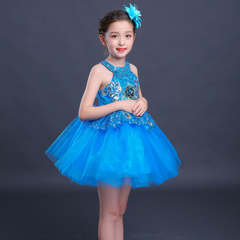 儿童演出服蓬蓬纱裙幼儿舞蹈服小学生女童公主裙合唱表演服装 浅蓝色