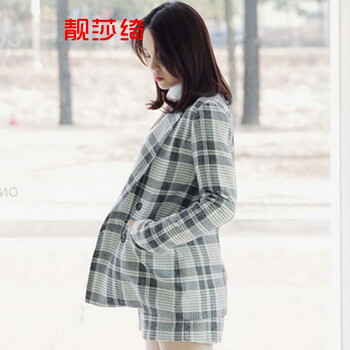 靓莎绮2015秋冬韩版个性长袖宽松直筒格子西服套装+外套两件套Y3614 深灰色 L