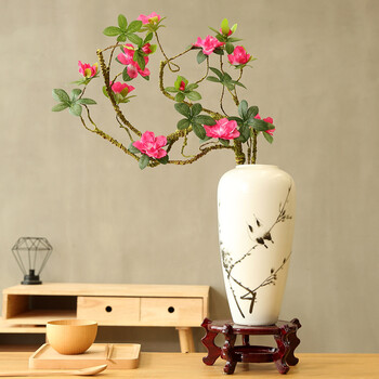 仿真杜鹃花假花绢花树枝造型家居装饰中式禅意陶瓷花瓶摆放花艺水墨画