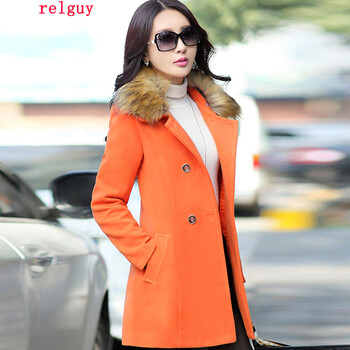 relguy 2015秋冬 新 女装新款韩版修身中长款时尚羊绒气质外套大码毛呢大衣女 桔红色 3XL