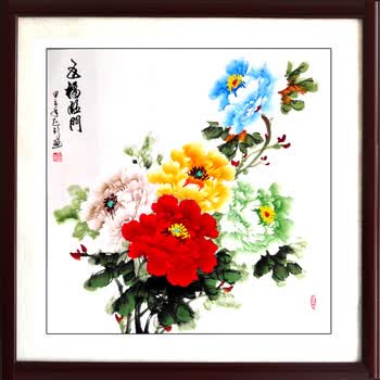 国画牡丹斗方客厅装饰手绘真迹五色五彩图玄关风水画字画挂画 五色