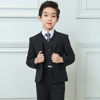 中大童钢琴演出服小孩 黑色西服五件套【西装 西裤 衬衣 领带 马甲】