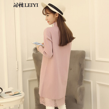 泪怡LY2016春季女装新品针织衫女春 韩版蕾丝拼接开叉中长款打底连衣裙毛衣女 8283 粉红色 均码