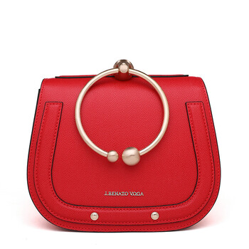 宾度(jbenato)新款女包牛皮圆环马鞍包欧美风竖款单肩斜挎包 红色