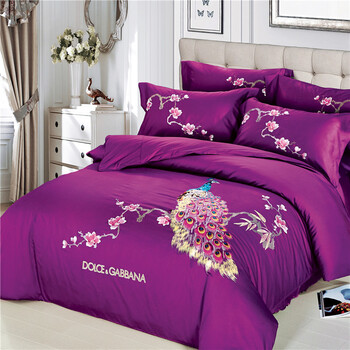 高端刺绣全棉四件套纯棉贡缎孔雀紫色床上用品纯色床单民族风被套