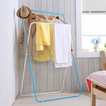潮土x型时尚晾衣架落地折叠双杆挂衣架室内阳台伸缩置地晒衣架 蓝白