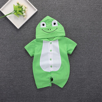 夏装 0新生儿短袖连体衣薄款纯棉3个月1岁宝宝爬爬服连帽哈衣 青蛙 90