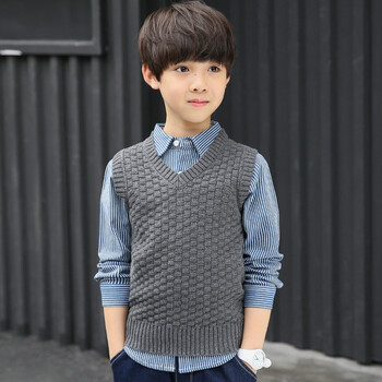 儿童针织背心2018春秋新款中大男童纯棉韩版宝宝马甲纯色套头衫潮 深