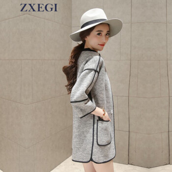 ZXEGI女装 2015秋冬新款韩版小香风中长款七分袖卫衣外套风衣女 W107 灰色 L