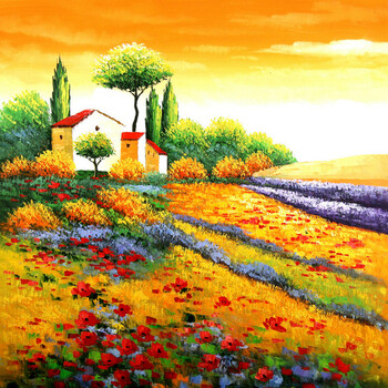 欧式手绘立体油画花田风景油画组合套画酒店客房装饰壁画玄关挂画sn