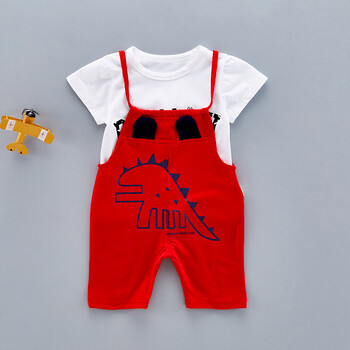 套装新款夏季宝宝洋气纯棉卡通背带裤1-3岁夏天婴儿小孩衣服潮 红色