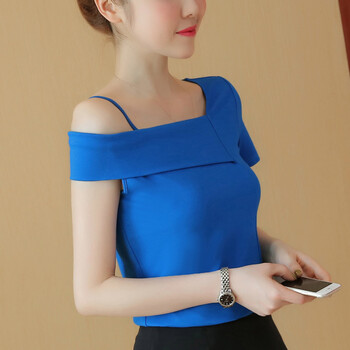 一字领半漏肩上衣韩范小露香肩露肩体恤女夏短款棉学生短袖t恤 蓝色 l