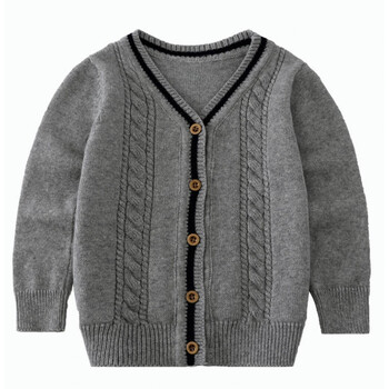 新款儿童秋冬男童开衫毛衣男孩毛线衣外套宝宝加厚针织衫童装 灰色