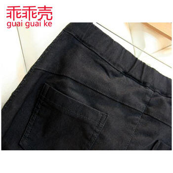 
                                        乖乖壳新款女装韩版时尚拼蕾丝显瘦小脚裤打底裤仿皮皮裤女长裤G562D059 黑色 L                