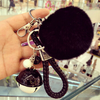 毛绒钥匙扣女可爱猫爪獭球汽车钥匙链挂件女士 精致双圈黑绳铃黑毛球