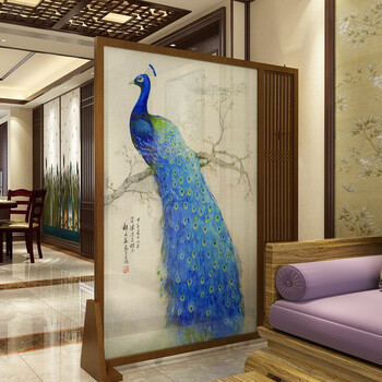 屏风隔断客厅玄关中式现代简约双面实木半透明纱质座屏孔雀 160宽*180