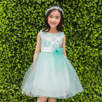 子韩版纱裙蕾丝裙子八9十岁女童学生时尚公主裙淑女裙12-13岁 绿色