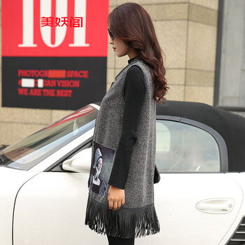 美妖阁   2015新款印花女马夹时尚百搭英伦风中长款直筒流苏马甲外套SS 图片色 S