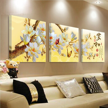无框画沙发背景墙三联装饰画客厅牡丹冰晶玻璃挂画九鱼图家和富贵