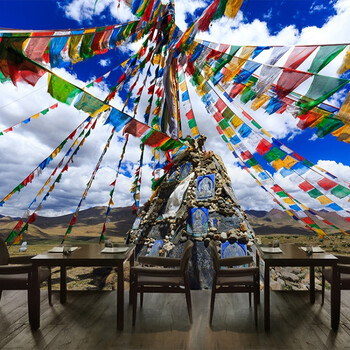 藏式风格民族风墙纸火锅烤肉店餐厅服装店背景墙壁画西藏风景壁纸