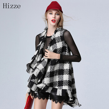 Hizze 2015秋冬新款时尚开衫无袖流苏毛呢外套女中长款格子斗篷上衣 黑白格