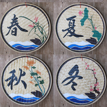 手工彩绘竹簸箕画竹匾竹筛画创意装饰画 农家乐火锅店酒店竹筐画 春夏
