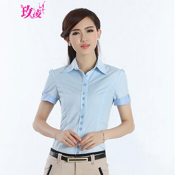 玫凌大码职业装女短袖夏款正装女装工作服衬衫M1206-1 浅蓝色 XS