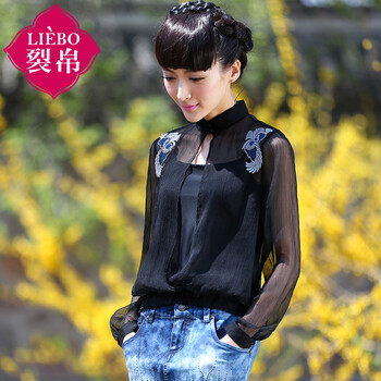 裂帛2016新款 绣花长袖雪纺 针织吊带 假两件女5114007C 黑色  M(胸围90.0/80.0)