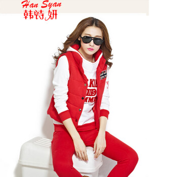 韩诗妍运动套装卫衣女三件套2015秋冬新款运动服休闲套装 深蓝色 M