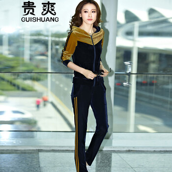 贵爽2015新款金丝绒休闲套装女韩版天鹅绒卫衣运动服套装女春秋 荧光绿 XXL