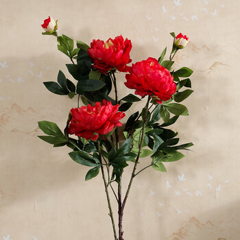 客厅摆放花卉绢花仿真花束装饰花 3头高品质仿真牡丹花落地假花 红色