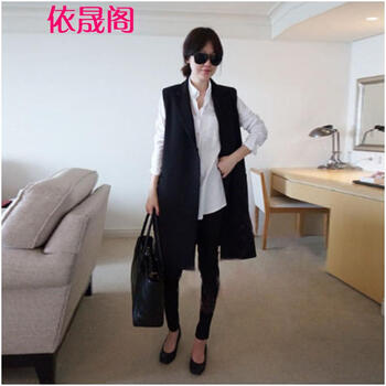 依晟阁2015秋冬新款女装韩版呢料中长款宽松西服领大码马甲女装潮 黑色 XXL