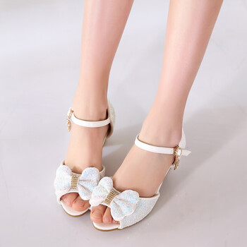 时尚水晶鞋2018秋季款韩版小女孩高跟凉鞋 322-22白色凉鞋前面蝴蝶结