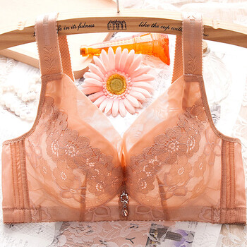 文胸大胸显小大码胖mm薄款防下垂聚拢性感内衣女无钢圈胸罩 咖啡色 38