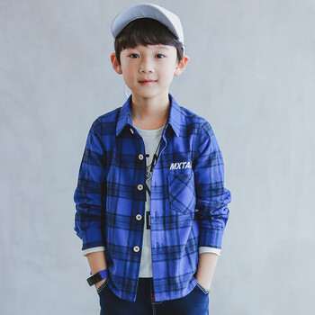 男童长袖衬衫春装2018新款儿童格子衬衣男孩中大童春秋韩版潮 蓝色