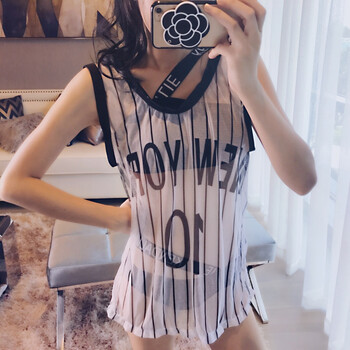 英伦字母三件套分体泳衣女显瘦遮肚保守少女学生游泳衣性感网纱 黑色