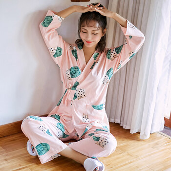 日式和服睡衣女秋冬大码休闲纯棉长袖可爱春秋家居服套装薄款汉服