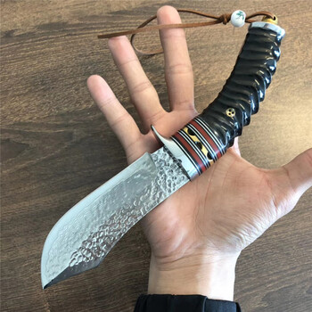 军刀大马士革vg10尼泊尔式户外野营随身刀具小直刀 小弯刀短刀手工刀