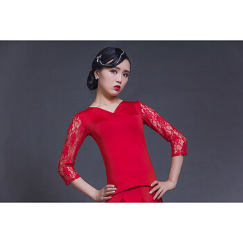 xi) 幂范西新款拉丁舞上衣女舞蹈服装练功服短袖广场舞摩登舞衣 红色