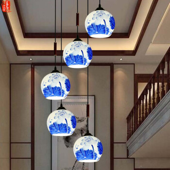 菡萏中式吊灯香樟实木别墅复式楼中楼挑空客厅灯旋转楼梯长吊灯仿古中国风艺术酒店餐厅陶瓷吊灯 和和美美