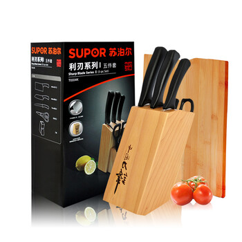 
                                        苏泊尔（SUPOR） 不锈钢刀具套装厨房菜刀剪刀水果刀多用刀切菜刀松木刀座架厨房套装 刀具5件套 T0924K                