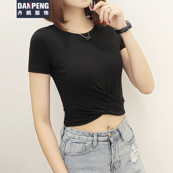 短款高腰紧身短袖t恤女夏修身漏脐露肚脐装 黑色 xl