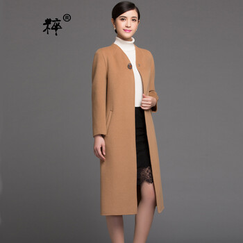 
                                        粹牌 双面羊绒大衣女中长款2017新款毛呢大衣外套修身欧美羊毛大衣 驼色 L                