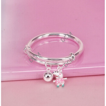 990纯银小猪佩奇手镯推拉光面儿童小孩宝宝银手环bb婴儿银饰品 粉色
