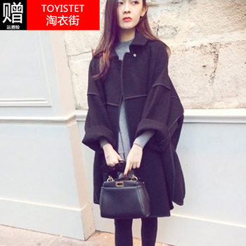 淘衣街2015秋冬季女装新款风衣包边斗篷式翻领茧形中长款毛呢子大码廓形短外套P9222 黑色 S