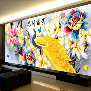 
                                        KS十字绣新款客厅花开富贵金孔雀十字绣套件 三股绣中格小板棉线印花绣布尺寸150*60CM                