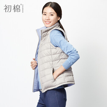 初棉2015秋冬新款撞色两面穿 羽绒马甲女90%白鸭绒纯色防水马夹厚 黑色-蓝灰 160/M