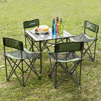 户外折叠桌椅组合便携式五件套烧烤自驾游休闲沙滩桌椅套装 绿色